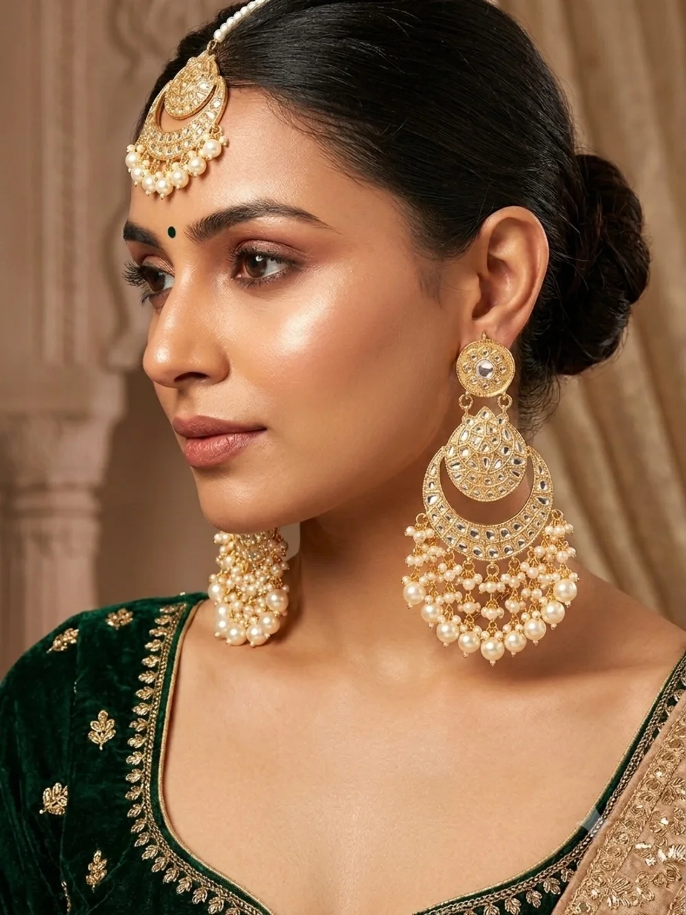 Gold-Tone Pearl Chandbali Earrings - Elegant Women Jewelry